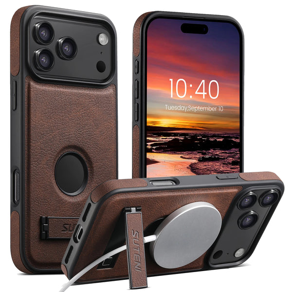 SUTENI Luxury Faux Leather Phone Case Frosted Feel Stand Magnet Wireless Charging For iPhone 17 Pro Max 16 Plus 15 14 13 12