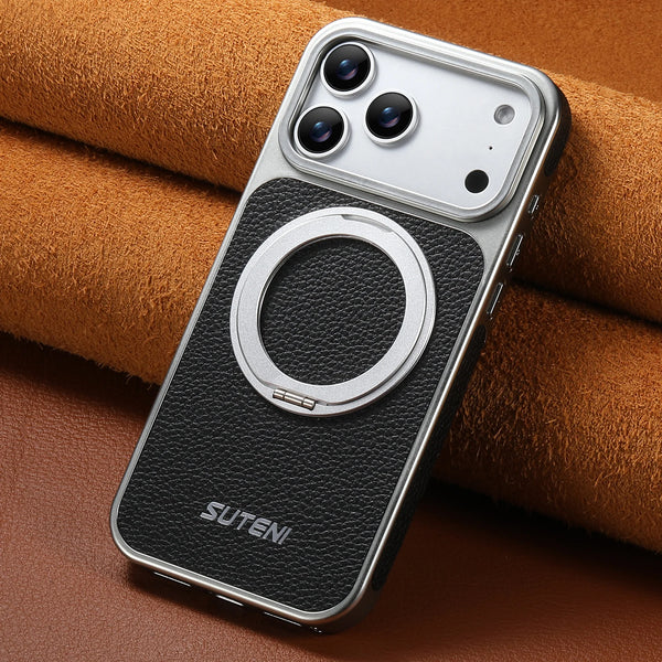 SUTENI Faux Leather Magnet Wireless Charging Phone Case 360° Rotating Stand Ring Buckle Frosted Feel For iPhone 17 Pro Max 16 15