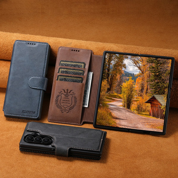 SUTENI Faux Leather Wireless Charging Card Holder Stand Wallet Magnetic Flip Cover Phone Case For Samsung Galaxy Z Fold 7 6