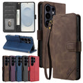 Flip PU Leather Case for Samsung S26 Ultra S25 Edge Plus S24 Fe S23 S22 S26U S25U S24U Card Slots Phone Cover With Hand Strap