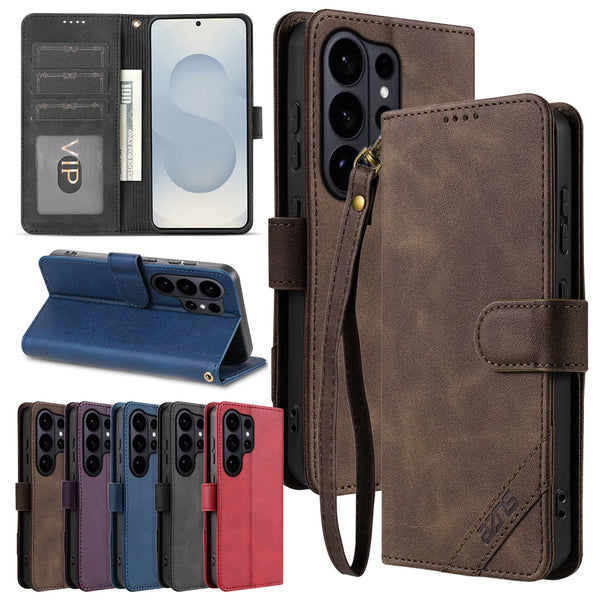 Flip PU Leather Case for Samsung S26 Ultra S25 Edge Plus S24 Fe S23 S22 S26U S25U S24U Card Slots Phone Cover With Hand Strap