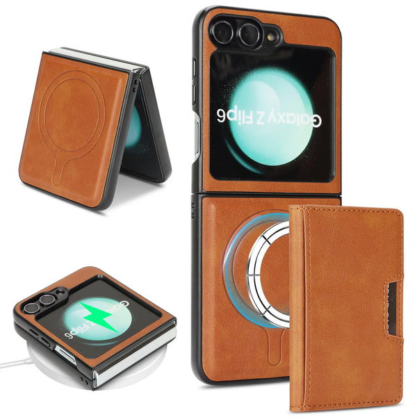 2 in 1 Leather Case For Samsung Galaxy Z Flip 7 6 5 4 3 Fe Flip7 Flip6 Flip5 Wrieless Charging Magnetic Cards Slot Phone Cover