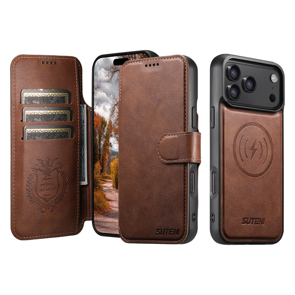 SUTENI Faux Leather Wireless Charging Card Holder Stand Wallet Magnetic Flip Cover Phone Case For iPhone 17 Pro Max 16 Plus 15