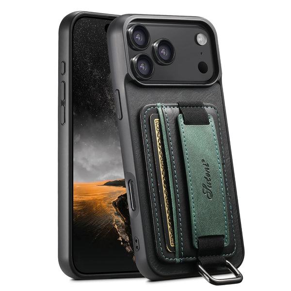 SUTENI brand Wrist Strap Leather Card Holder Stand for IPhone 17 Air Pro 16 E Plus 15 14 13 12 Mini 11 X Xs XR Max Case
