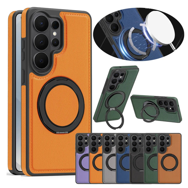 Wireless Charging 360 Ring Buckle Leather Case for Samsung Galaxy S26 Ultra S25 Edge S24 Plus S23 S22 KickStand Phone Cover