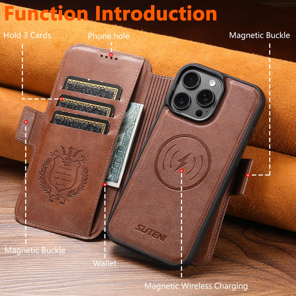 SUTENI Faux Leather Wireless Charging Card Holder Stand Wallet Magnetic Flip Cover Phone Case For iPhone 16 Pro Max 15 Plus 14