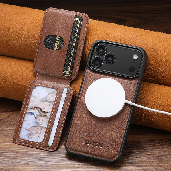 SUTENI 2in1 Magnet Wireless Charging Faux Leather Phone Case Card Holder Bag Stand For iPhone 17 Pro Max 16 Plus 15 14 13 12