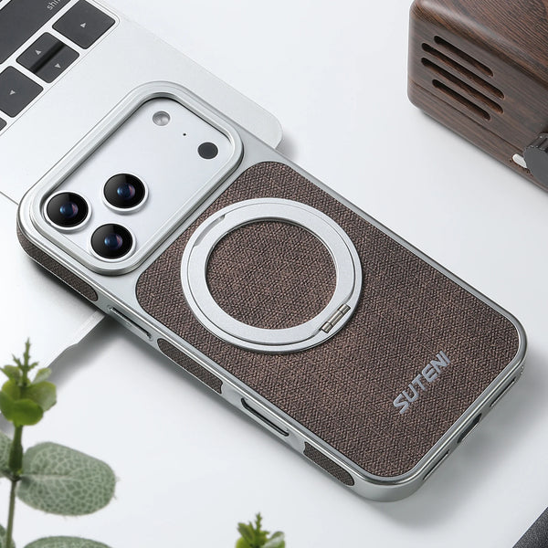 SUTENI Faux Leather Magnet Wireless Charging Phone Case 360° Rotating Stand Ring Buckle Frosted Feel For iPhone 17 Pro Max 16 15