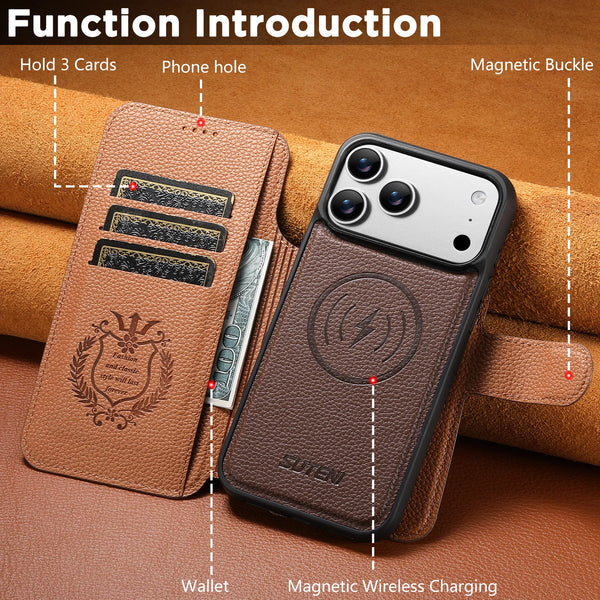 SUTENI Faux Leather Wireless Charging Card Holder Stand Wallet Magnetic Flip Cover Phone Case For iPhone 17 Pro Max 16 15 14 13