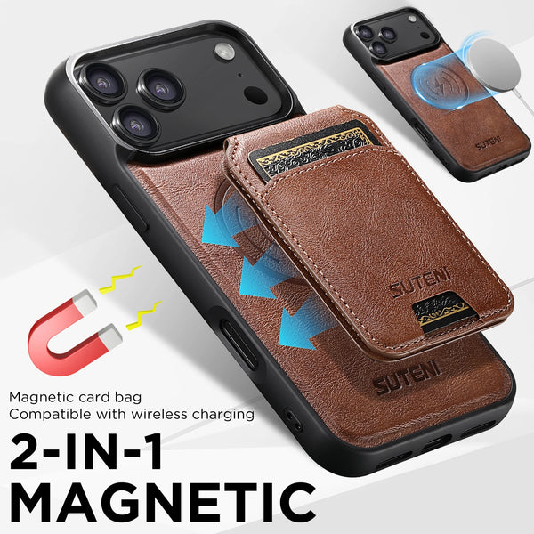 SUTENI Wireless Charging Magnet Faux Leather Phone Case Card Holder Stand Wallet 2-in-1 For iPhone 17 Pro Max 16 15 14 13 12