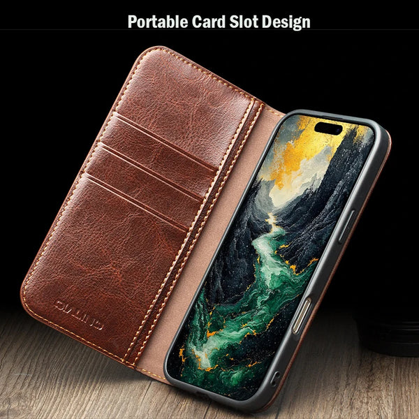 Genuine Leather Flip Case for iPhone 17 Bracket Handmade Business Cover with Card Slots for iPhone 17 Pro Max/17 Air