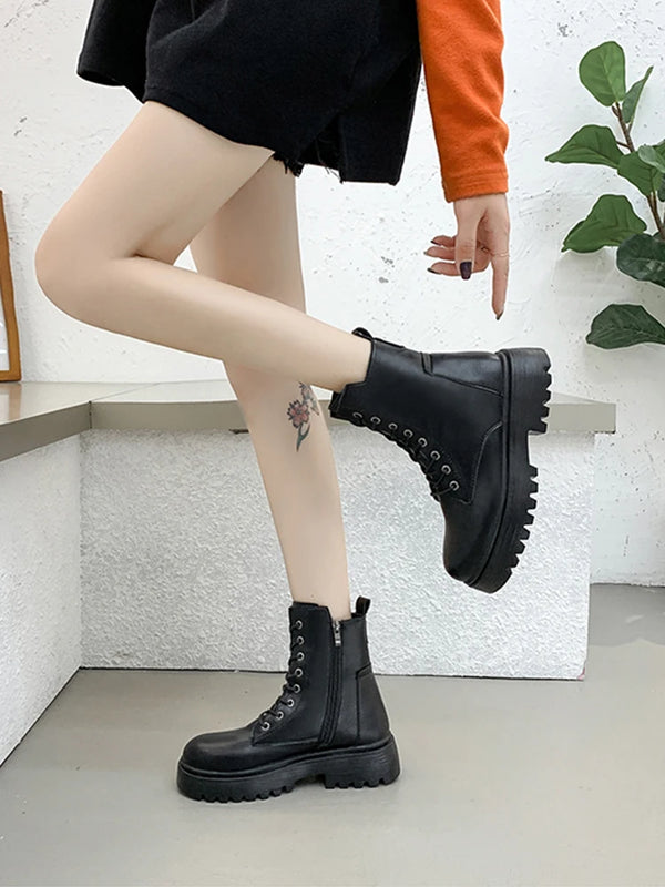 2024 Summer Autumn Women Ankle Boots Classic Beige Black Leather Gothic Punk Shoes Mid Heels Short Combact Boots Platform Shoes