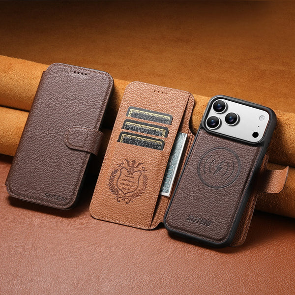 SUTENI Faux Leather Wireless Charging Card Holder Stand Wallet Magnetic Flip Cover Phone Case For iPhone 17 Pro Max 16 15 14 13