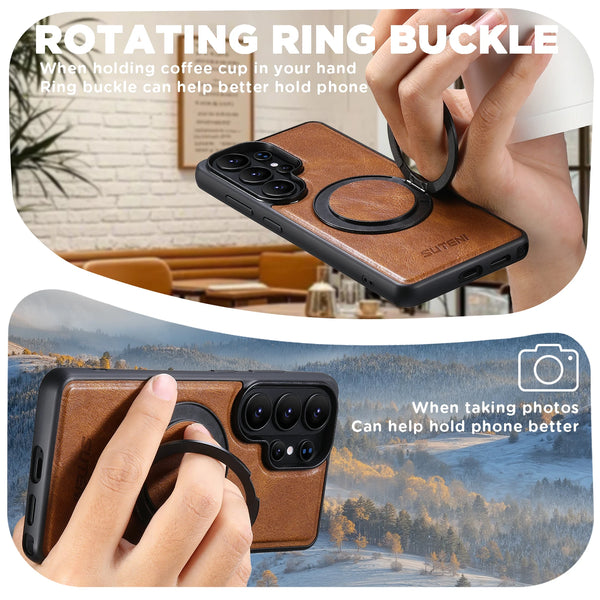 Magnet Wireless Charging Phone Case Oil Wax Faux Leather 360° Rotating Stand Buckle For Samsung Galaxy S26 Ultra S25 S24 S23 S22