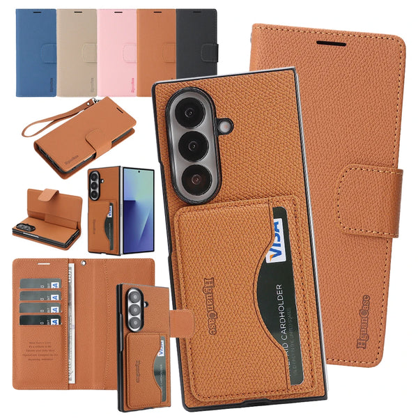2 in 1 Leather Wallet Case for Samsung Galaxy Z Fold 7 6 5 4 3 Fold7 Fold6 Fold5 Cash Card Slots Phone Cover WIth Hand Strap