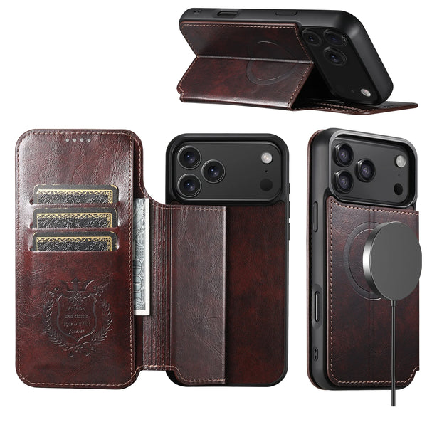 Faux Leather Wireless Charging  Card Holder Stand Wallet Magnetic buckle Phone Case For iPhone 17 Pro Max 16 Plus 15 14 13 12