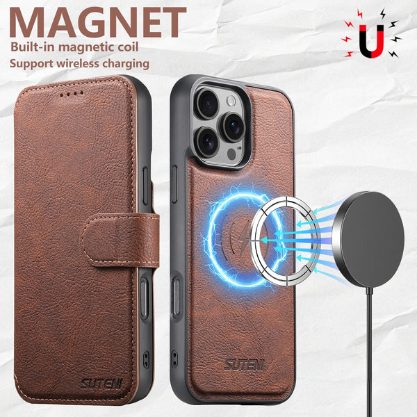 SUTENI Faux Leather Wireless Charging Card Holder Stand Wallet Magnetic Flip Cover Phone Case For iPhone 16 Pro Max 15 Plus 14