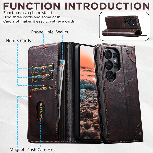 SUTENI Phone Case Faux Leather Card Holder Stand Wallet Magnet Flip Cover For Galaxy S26 Ultra S25 Plus S24 S23+
