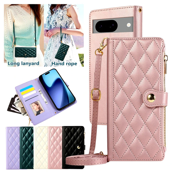 Crossbody Zipper Wallet Case for Google Pixel 10 9 8 7 10Pro 9Pro XL 8Pro 7Pro 7a 8a 9a Kickstand Cards Cash Pocket Phone Cover