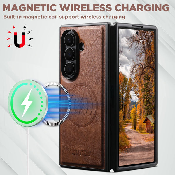 SUTENI Frosted Feel Faux Leather Magnet Wireless Charging Phone Case  For Samsung Galaxy Z Fold 7 6