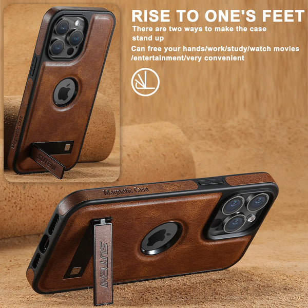 SUTENI Luxury Faux Leather MagSafe Magnetic Wireless Charging Case Stand Phone Case For iPhone 17 Pro Max 16 Plus 15 14 13 12