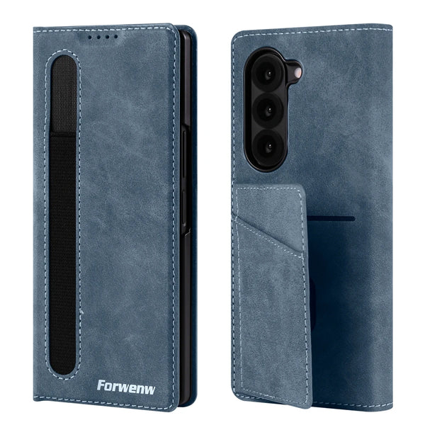 Leather Case For Samsung Galaxy Z Fold 7 6 5 4 3 Fold7 Fold6 Fold5 Fold4 Card Slots Cards Holder Kickstand Phone Cover