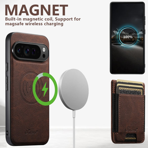 SUTENI Magnet Wireless Charging Card Holder Stand Luxury Faux Leather Phone Case For Google Pixel 10 Pro XL 9 8A 7 6