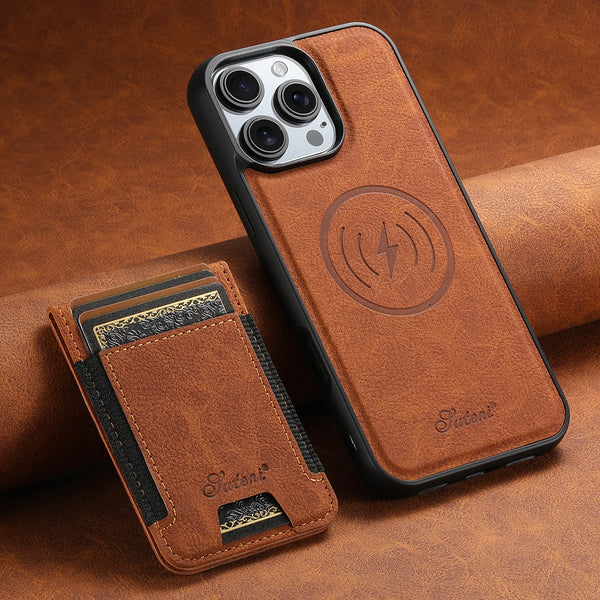 SUTENI Magnet Wireless Charging Card Holder Stand Luxury Faux Leather Phone Case For iPhone 17 Pro Max 16 Plus 15 14 13 12