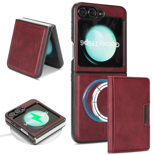 2 in 1 Leather Case For Samsung Galaxy Z Flip 7 6 5 4 3 Fe Flip7 Flip6 Flip5 Wrieless Charging Magnetic Cards Slot Phone Cover