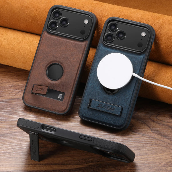 SUTENI Luxury Faux Leather Phone Case Frosted Feel Stand Magnet Wireless Charging For iPhone 17 Pro Max 16 Plus 15 14 13 12