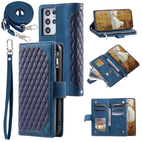 Long Lanyard Zipper Wallet Cards Phone Case for Samsung Galaxy Note 20 Ultra S26 Plus S25 FE S24 S23 S22 S21 Flip Leather Cover