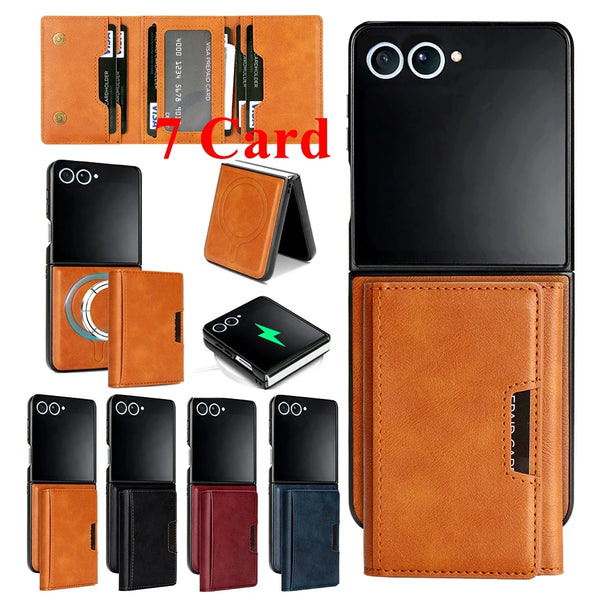2 In 1 Magnetic Case For Samsung Galaxy Z Flip 7 6 5 4 3 Flip Cover Flip7 Flip6 Flip5 7 Cards Slots Holder Leather Phone Cover