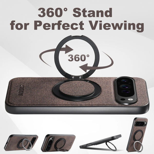 Faux Leather Magnet Wireless Charging Phone Case 360° Rotating Stand Ring Buckle Frosted Feel For Google Pixel 10 Pro XL 9 8A 7