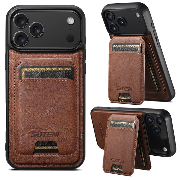 SUTENI Wireless Charging Magnet Faux Leather Phone Case Card Holder Stand Wallet 2-in-1 For iPhone 17 Pro Max 16 15 14 13 12