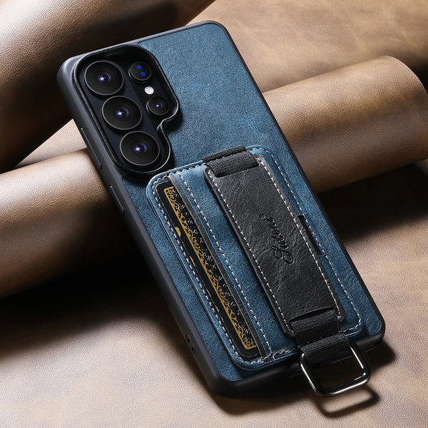 SUTENI Phone Case Wrist Strap Ring Buckle Faux Leather Card Holder Stand For Samsung Galaxy S26 Ultra S25 Plus S24 S23