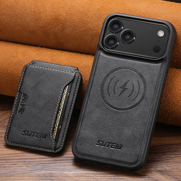 SUTENI 2in1 Magnet Wireless Charging Faux Leather Phone Case Card Holder Bag Stand For iPhone 17 Pro Max 16 Plus 15 14 13 12