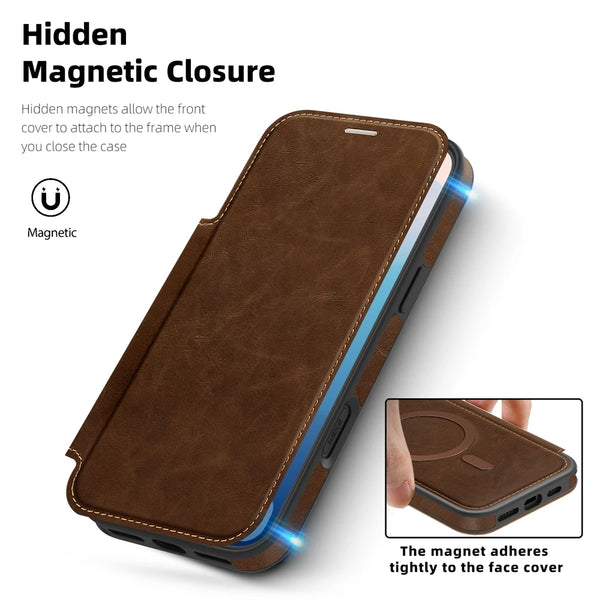 Leather Magsafe Flip Case for iPhone 17 Air 16 Promax 15 Plus 14 Pro max 13 PM 12 16e iphone16 Card Slots Magnetic Phone Cover