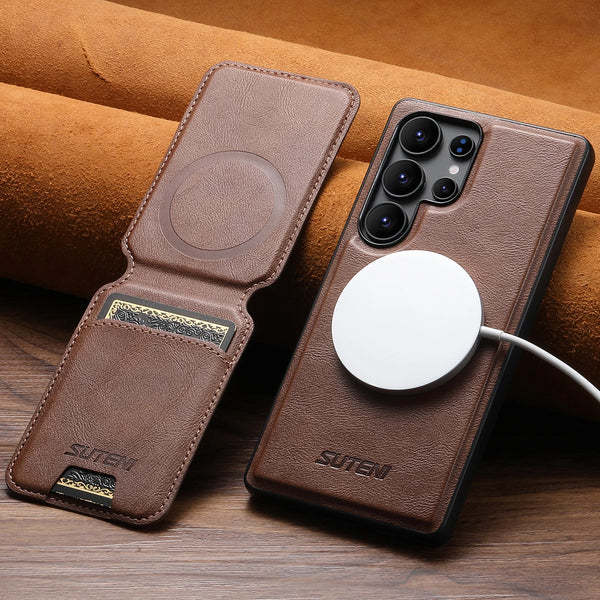 Wireless Charging Magnet Faux Leather Phone Case Card Holder Stand Smooth Surface Wallet 2-in-1 For Samsung Galaxy S26 Ultra S25