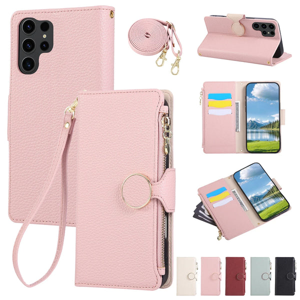 Lanyard Zipper Leather Wallet Case for Samsung Galaxy S25 Ultra Edge S24 Plus S23 FE S22 S25U Kickstand Card Slots Phone Cover