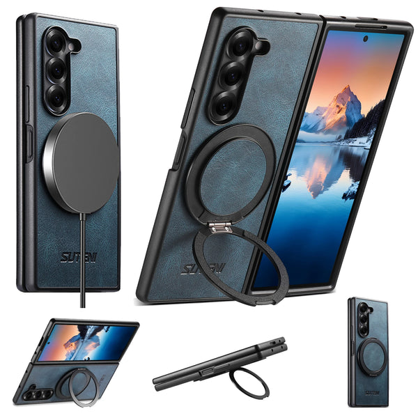 SUTENI Magnet Wireless Charging Phone Case Oil Wax Faux Leather 360° Rotating Stand Buckle For Samsung Galaxy Z Fold 7 6 5