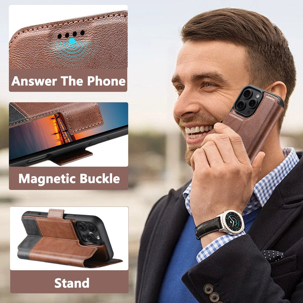 SUTENI Faux Leather Wireless Charging Card Holder Stand Wallet Magnetic Flip Cover Phone Case For iPhone 16 Pro Max 15 Plus 14