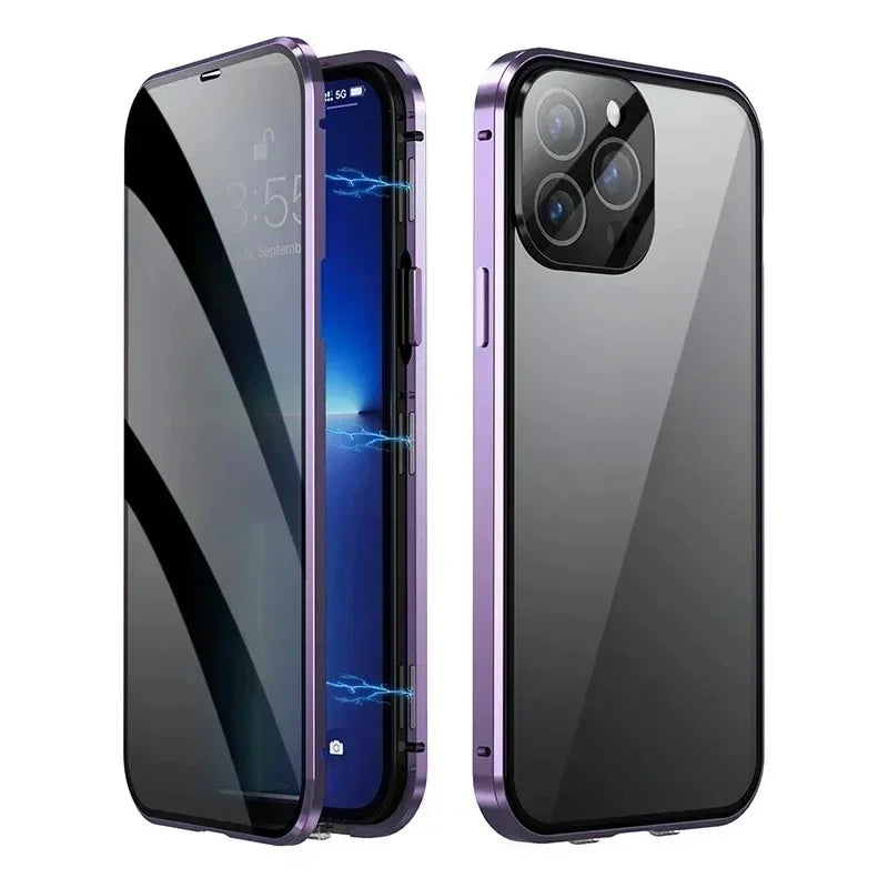 360 ° Full Protection Metal Magnetic Double-Sided Glass Snap Lock Privacy Case For iPhone 17 16 15 14 Plus 13 12 11 Pro Max 16E