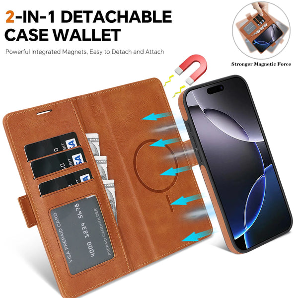 2 in 1 Magnetic Leather Case for IPhone Air 17 Promax 16 Pro Max 15 Plus 14 Pro 13 12 16e Magsafe Wallet Card Holder Phone Cover