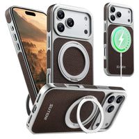 SUTENI Faux Leather Magnet Wireless Charging Phone Case 360° Rotating Stand Ring Buckle Frosted Feel For iPhone 17 Pro Max 16 15