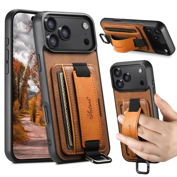 SUTENI brand Wrist Strap Leather Card Holder Stand for IPhone 17 Air Pro 16 E Plus 15 14 13 12 Mini 11 X Xs XR Max Case
