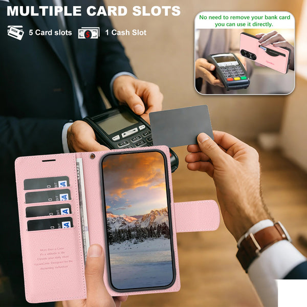 2 in 1 Leather Wallet Case for Sony 10VII 1VII Cash Card Slots Holder Kickstand Phone Cover WIth Hand Strap
