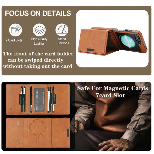 2 in 1 Leather Magnetic Case for Samsung Galaxy Z Flip 7 6 5 4 3 Kickstand 7 Cards Slots Holder Wireless Charging Phone Cover