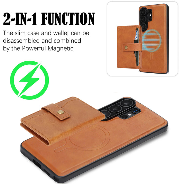 2 in 1 Magnetic Leather Case For Samsung Galaxy S26 S25 Ultra S24 Plus S23 S26U S25U KickStand Wireless Charging Phone Cover