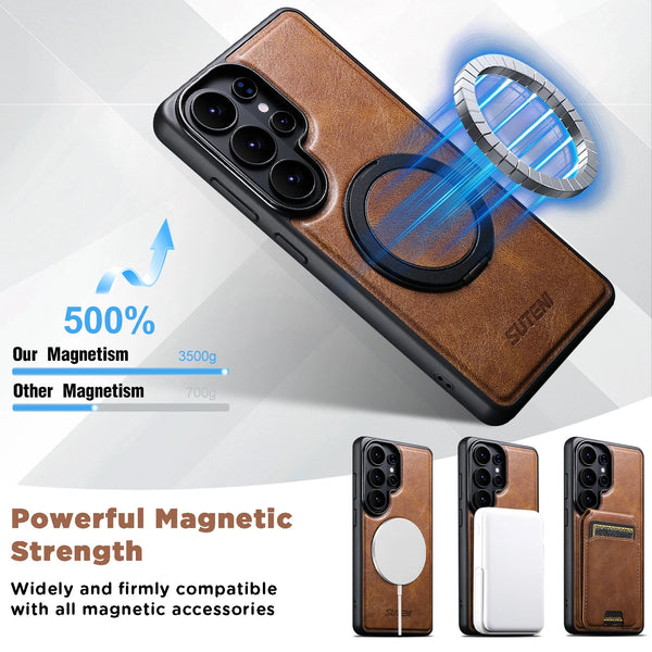 Magnet Wireless Charging Phone Case Oil Wax Faux Leather 360° Rotating Stand Buckle For Samsung Galaxy S26 Ultra S25 S24 S23 S22