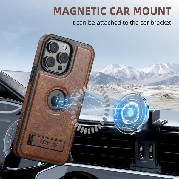 SUTENI Luxury Faux Leather MagSafe Magnetic Wireless Charging Case Stand Phone Case For iPhone 17 Pro Max 16 Plus 15 14 13 12